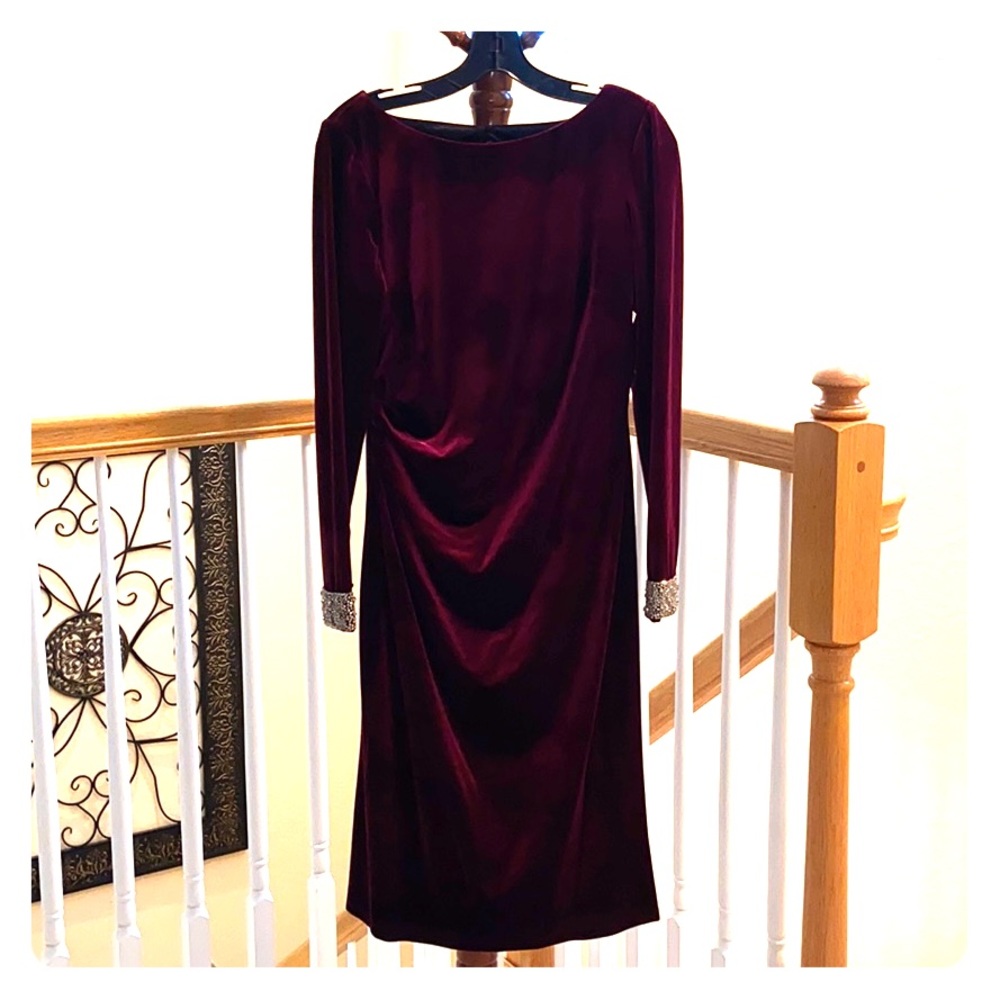 Maroon velvet midi dress w silver cuffs
